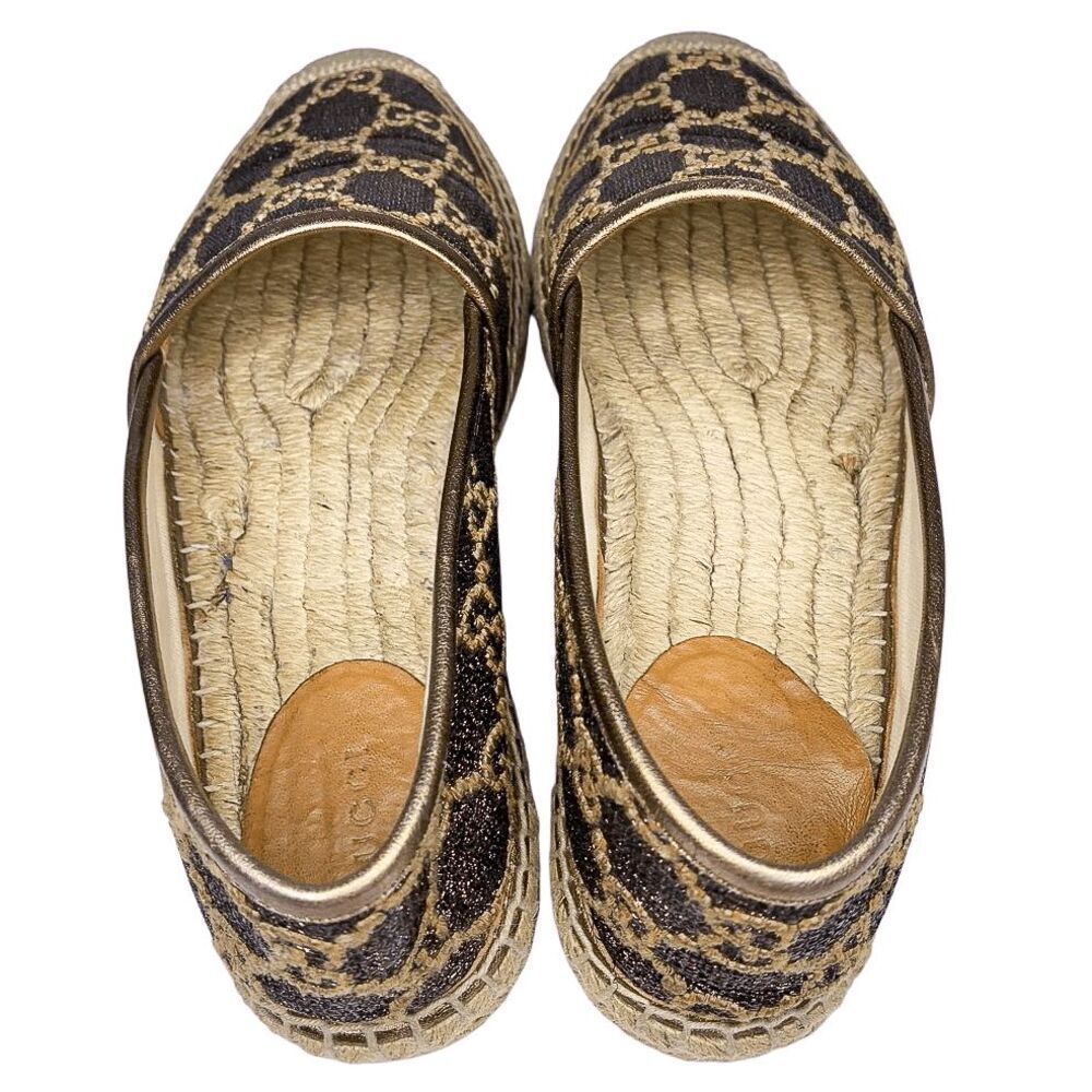 Gucci GG Logo Lamé Canvas Espadrilles Brown Bronze Metallic Logo Flats 37.5 - Picture 7 of 10